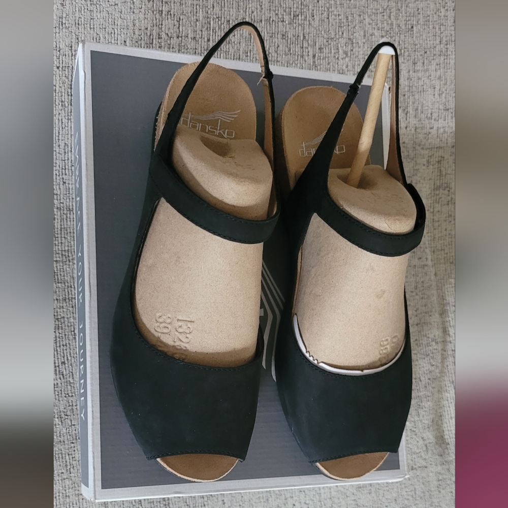Dansko Marcy Black Peep-Toe Slingback Wedge Sandals